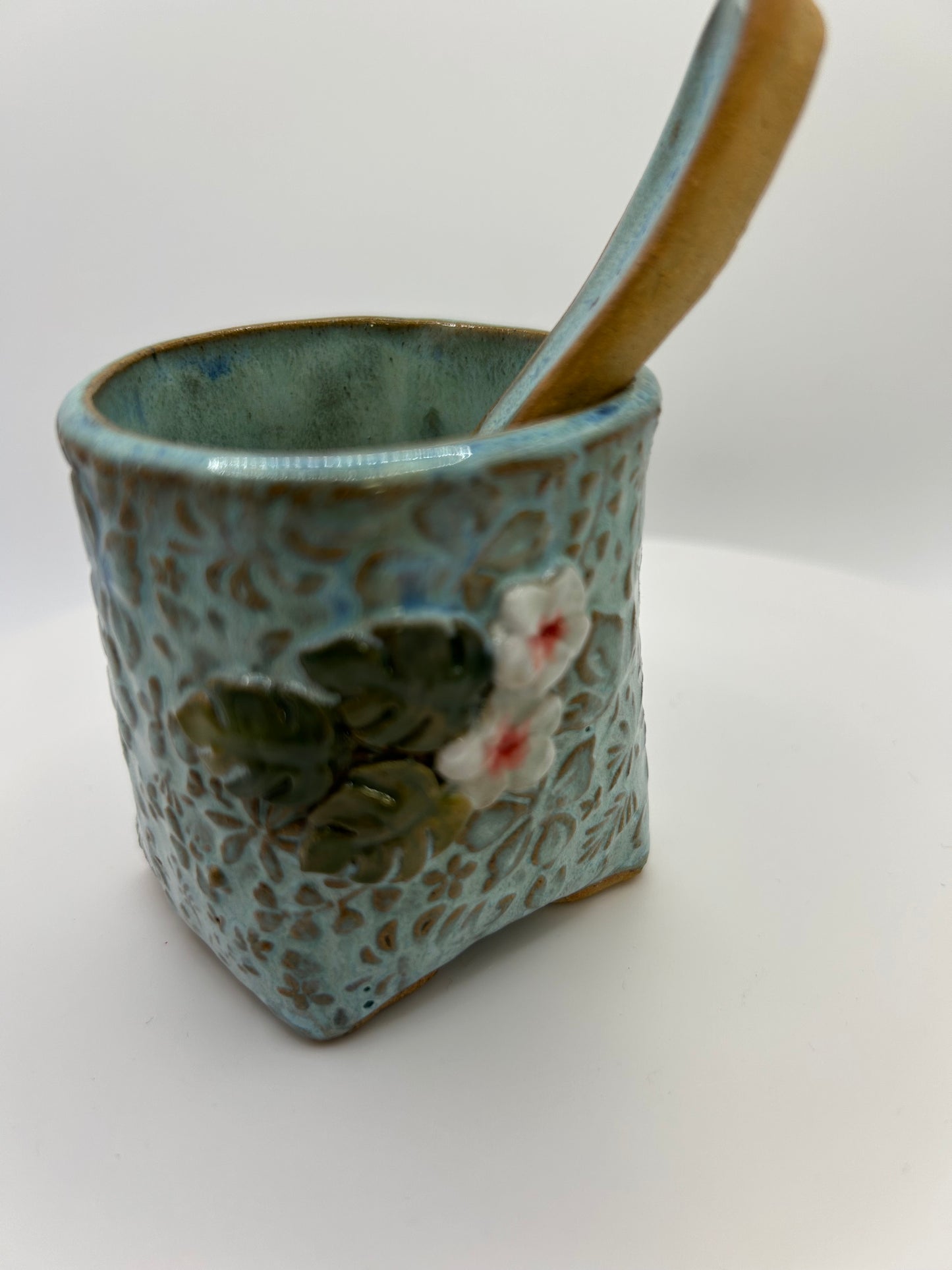 Handmade ceramic container with matching spoon - ideal for salt or condiments