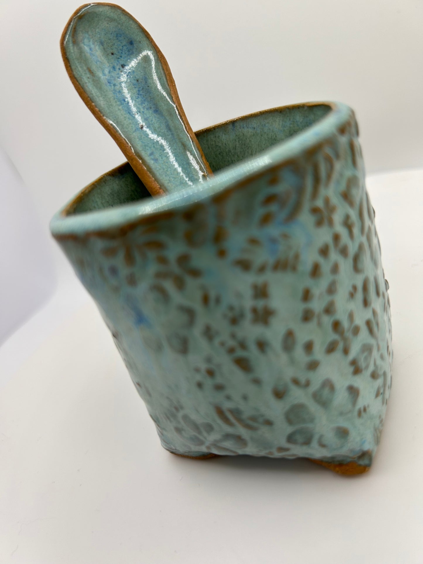 Handmade ceramic container with matching spoon - ideal for salt or condiments