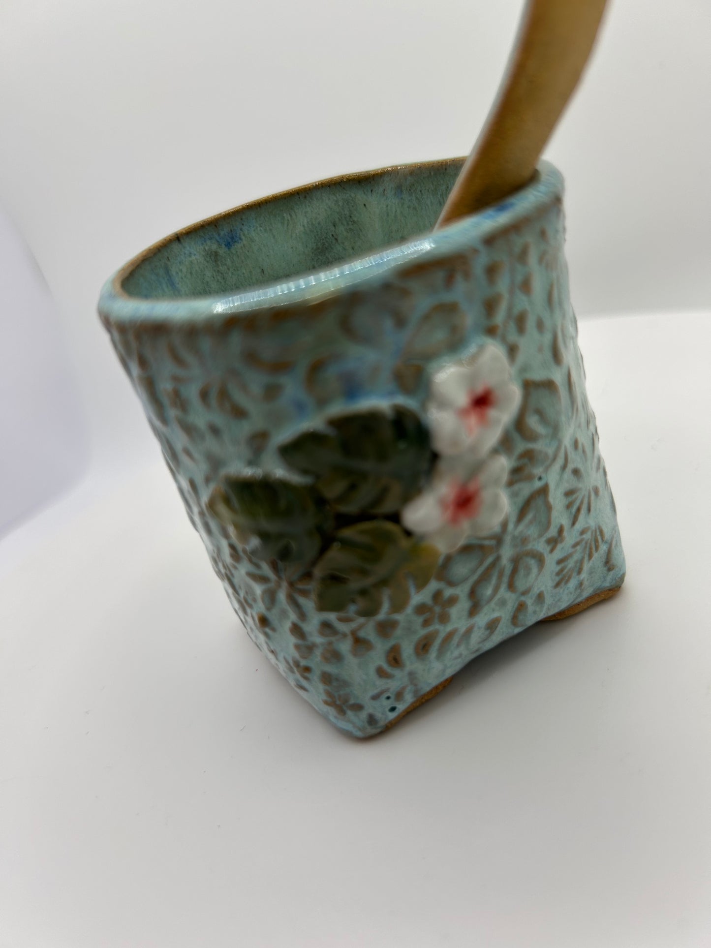 Handmade ceramic container with matching spoon - ideal for salt or condiments