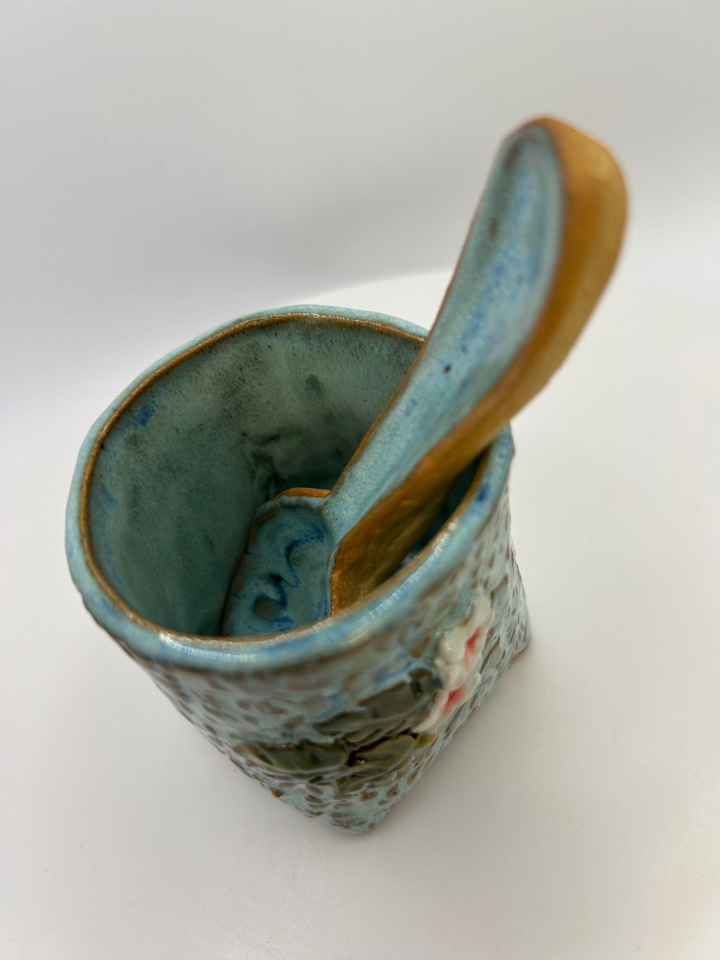 Handmade ceramic container with matching spoon - ideal for salt or condiments