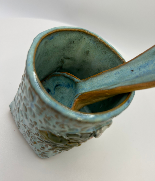 Handmade ceramic container with matching spoon - ideal for salt or condiments