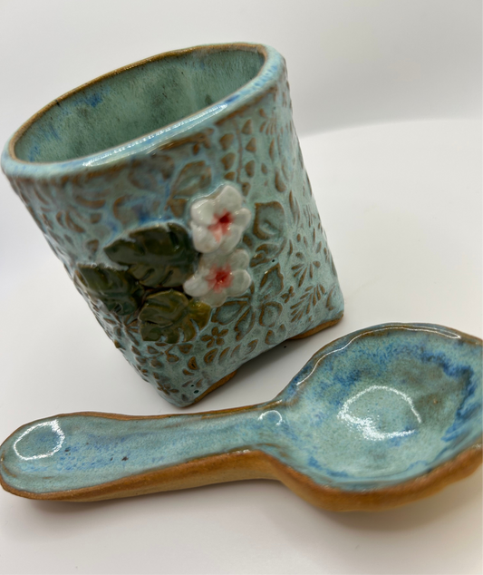 Handmade ceramic container with matching spoon - ideal for salt or condiments